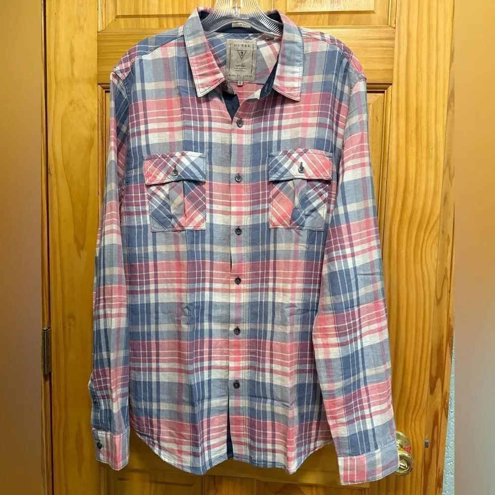 Guess size L slim fit Plaid Button-Up Shirt in Pink and Blue